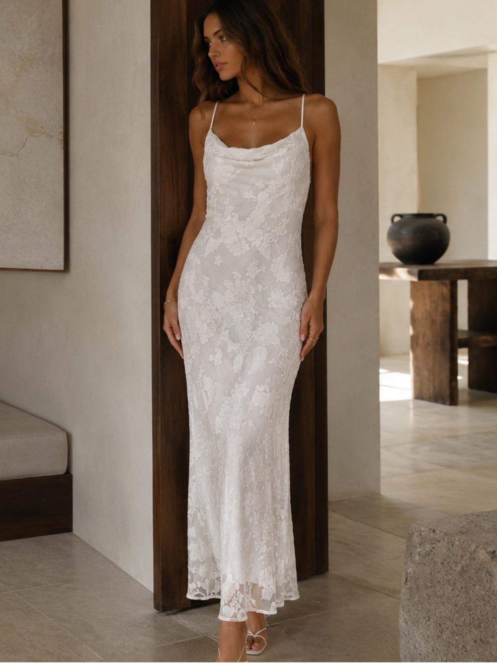 Beige Botany White Burnout Floral Maxi Dress